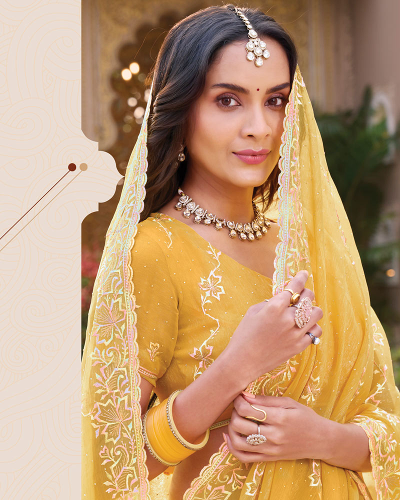 Indian Yellow Designer Shimmer Chiffon Saree With Embroidery-Diamond Work And Cut Work Border