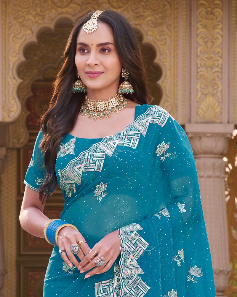 French Blue Designer Shimmer Chiffon Saree With Embroidery-Diamond Work And Cut Work Border