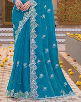 French Blue Designer Shimmer Chiffon Saree With Embroidery-Diamond Work And Cut Work Border