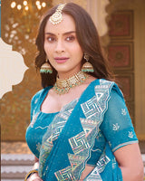 French Blue Designer Shimmer Chiffon Saree With Embroidery-Diamond Work And Cut Work Border