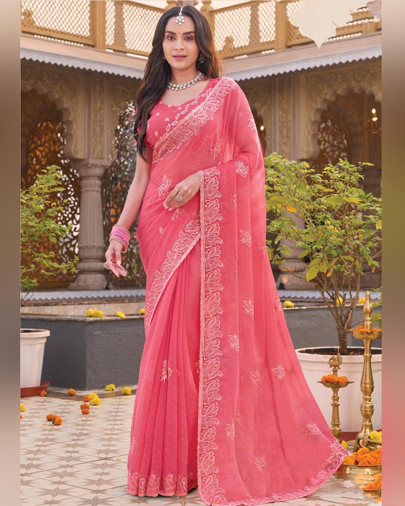 Rosy Pink Designer Shimmer Chiffon Saree With Embroidery-Diamond Work And Cut Work Border