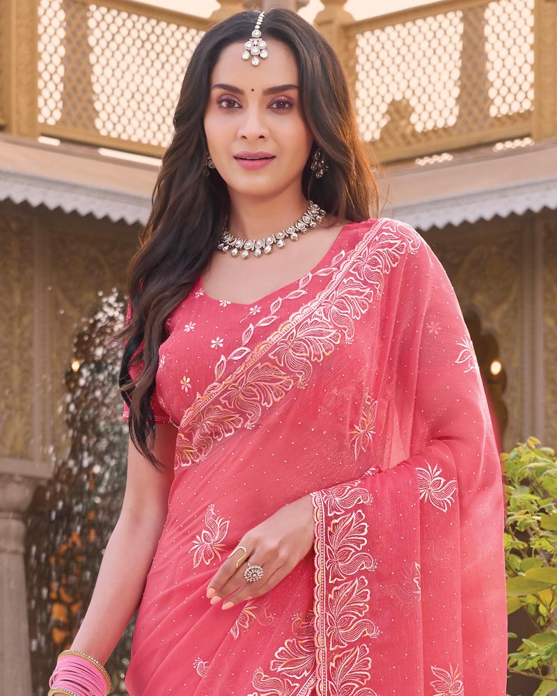 Rosy Pink Designer Shimmer Chiffon Saree With Embroidery-Diamond Work And Cut Work Border