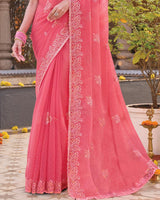 Rosy Pink Designer Shimmer Chiffon Saree With Embroidery-Diamond Work And Cut Work Border