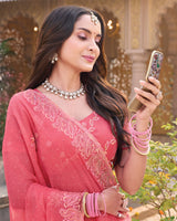 Rosy Pink Designer Shimmer Chiffon Saree With Embroidery-Diamond Work And Cut Work Border