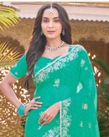 Topaz Green Designer Shimmer Chiffon Saree With Embroidery-Diamond Work And Cut Work Border