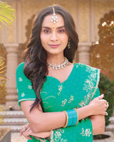Topaz Green Designer Shimmer Chiffon Saree With Embroidery-Diamond Work And Cut Work Border