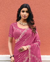 Dark Mauve Designer Shimmer Chiffon Saree With Embroidery-Diamond Work And Cut Work Border