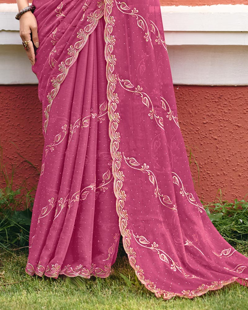 Dark Mauve Designer Shimmer Chiffon Saree With Embroidery-Diamond Work And Cut Work Border