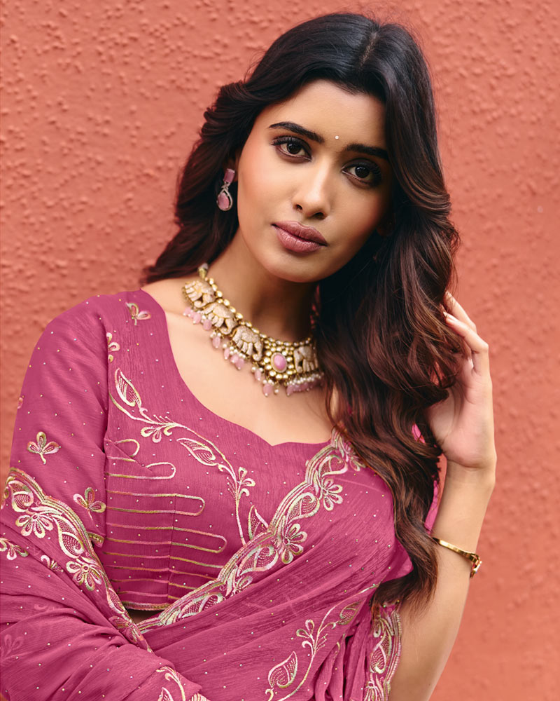 Dark Mauve Designer Shimmer Chiffon Saree With Embroidery-Diamond Work And Cut Work Border