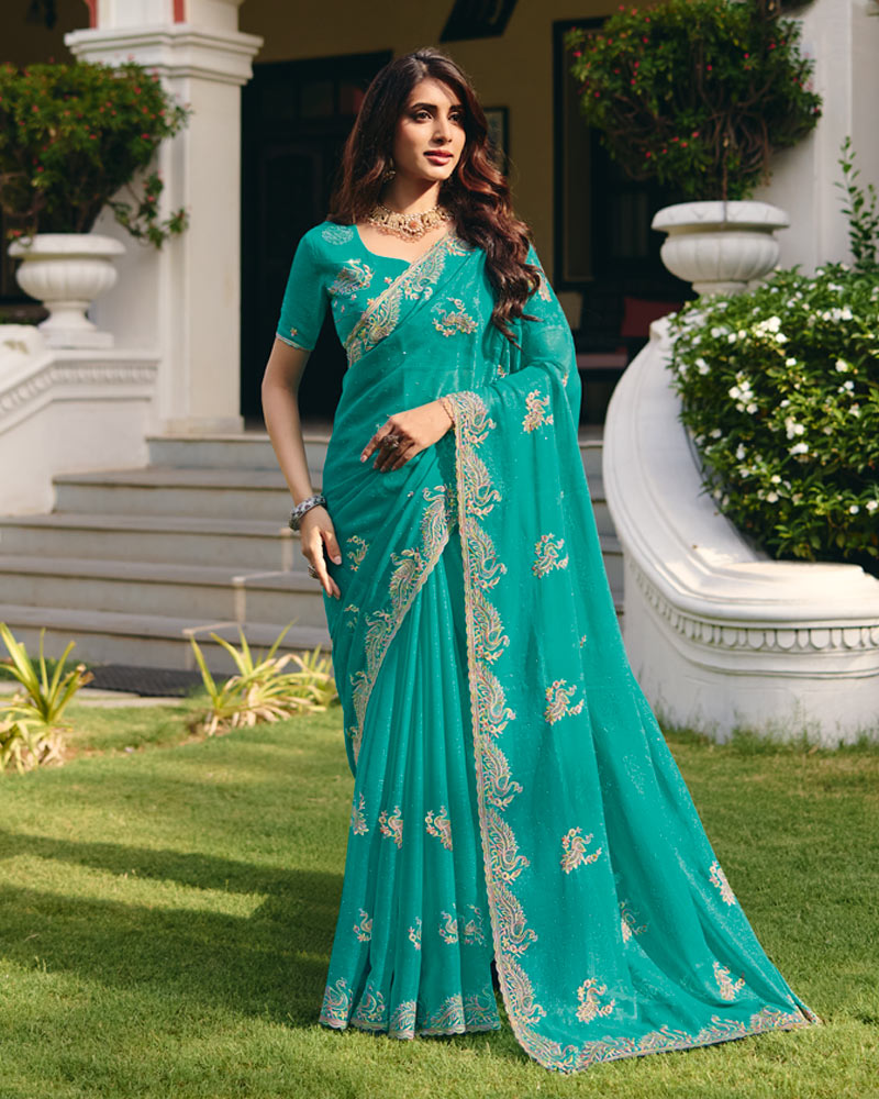 Light Sea Green Designer Shimmer Chiffon Saree With Embroidery-Diamond Work And Cut Work Border