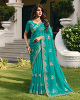 Light Sea Green Designer Shimmer Chiffon Saree With Embroidery-Diamond Work And Cut Work Border