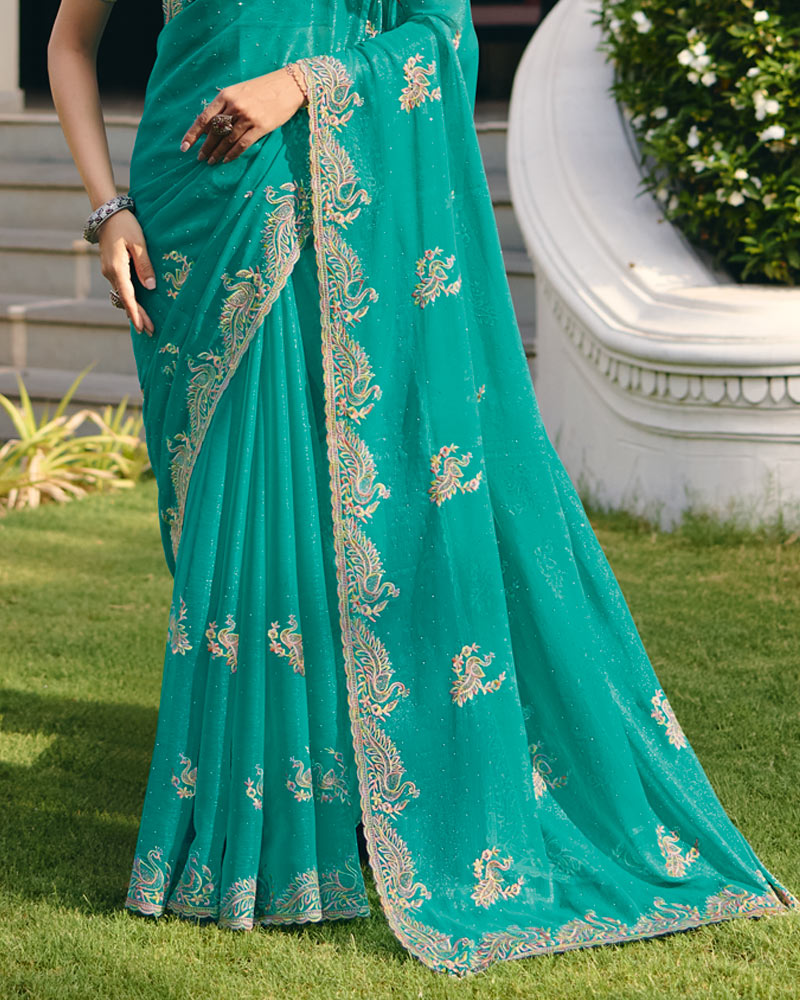 Light Sea Green Designer Shimmer Chiffon Saree With Embroidery-Diamond Work And Cut Work Border