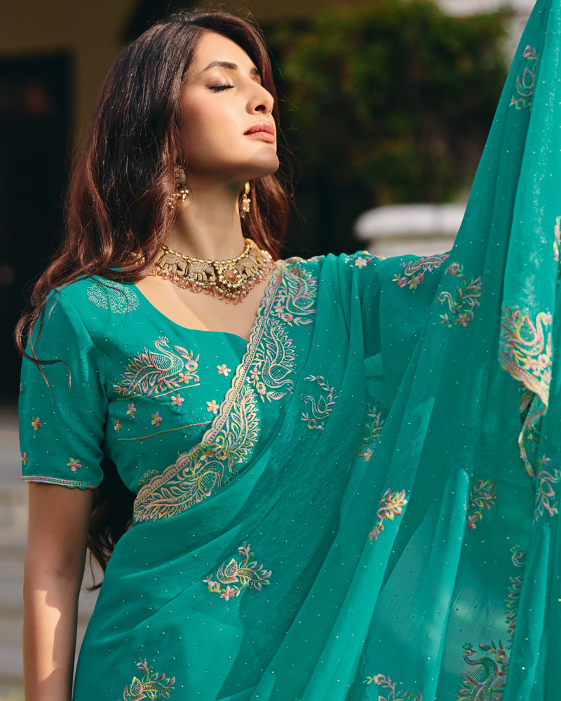 Light Sea Green Designer Shimmer Chiffon Saree With Embroidery-Diamond Work And Cut Work Border