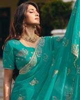 Light Sea Green Designer Shimmer Chiffon Saree With Embroidery-Diamond Work And Cut Work Border