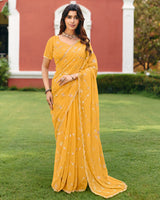 Indian Yellow Designer Shimmer Chiffon Saree With Embroidery-Diamond Work And Cut Work Border