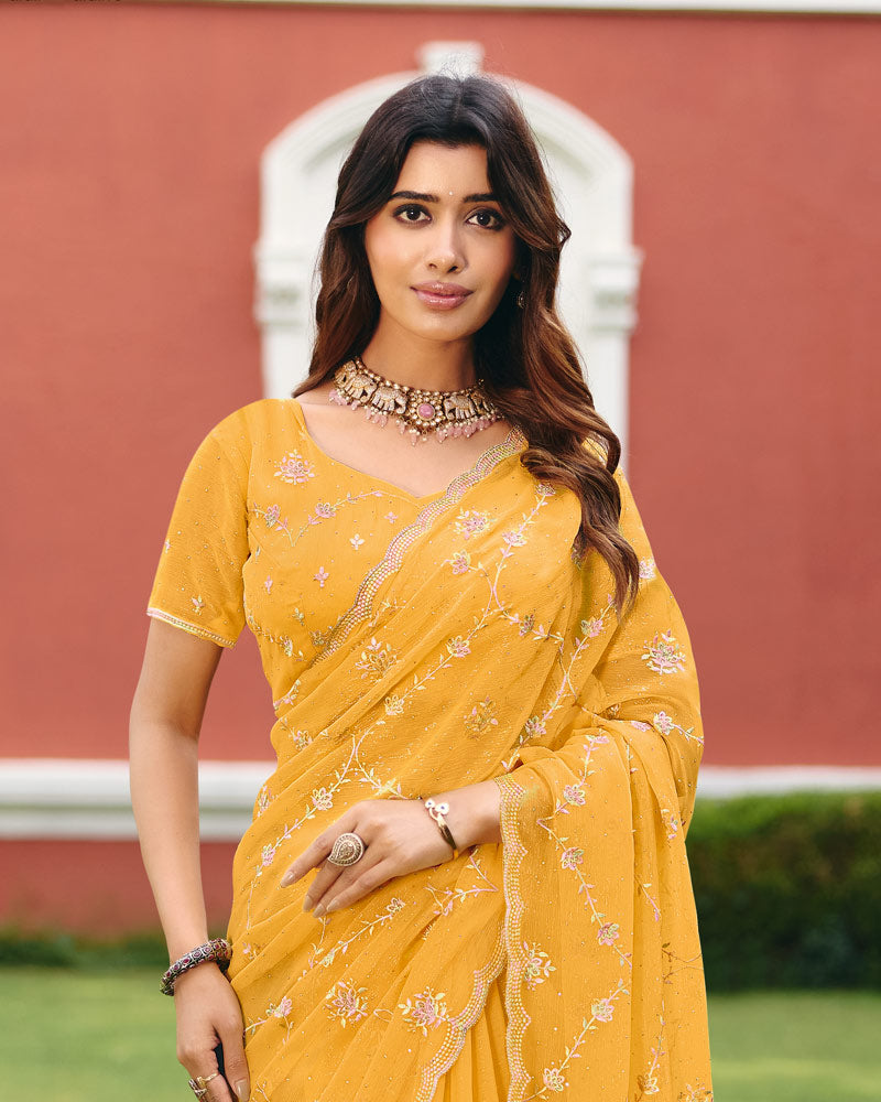 Indian Yellow Designer Shimmer Chiffon Saree With Embroidery-Diamond Work And Cut Work Border