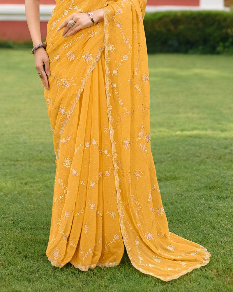 Indian Yellow Designer Shimmer Chiffon Saree With Embroidery-Diamond Work And Cut Work Border