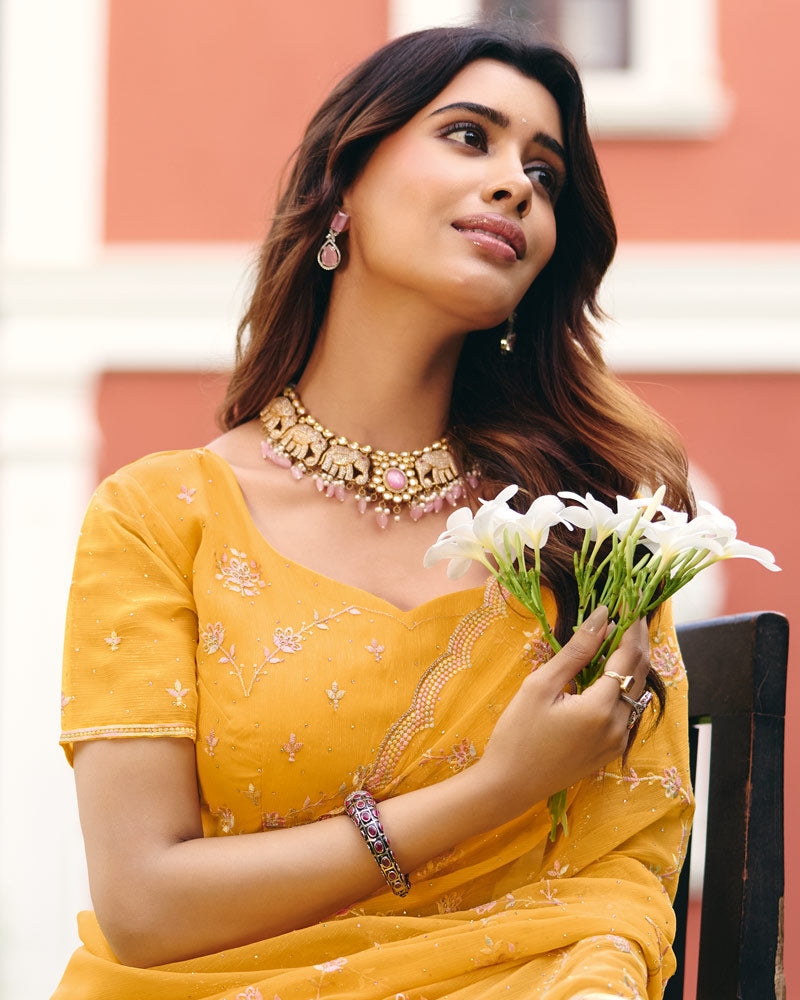 Indian Yellow Designer Shimmer Chiffon Saree With Embroidery-Diamond Work And Cut Work Border