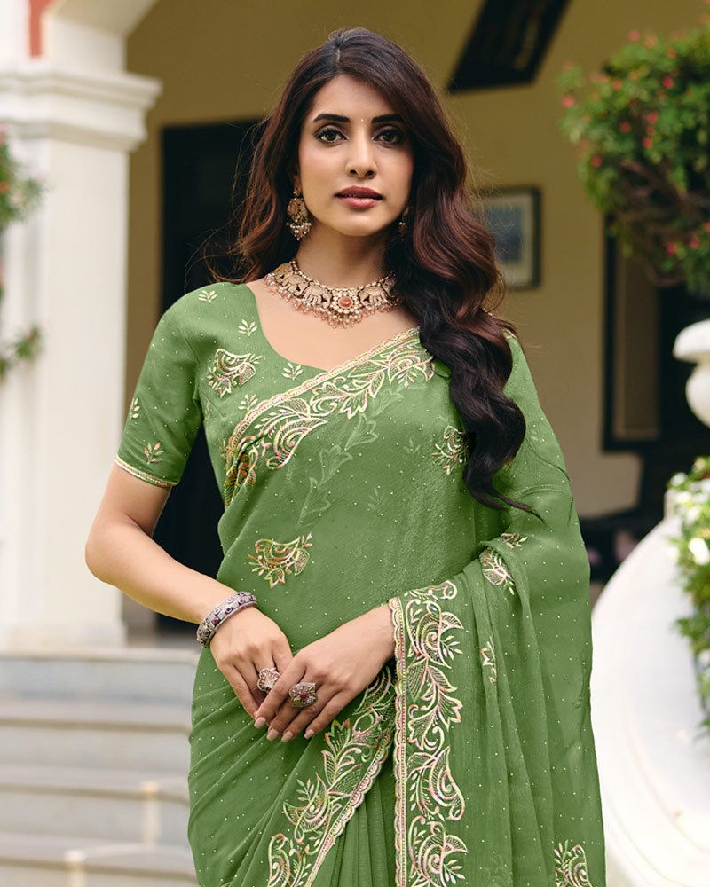Light Mehandi Green Designer Shimmer Chiffon Saree With Embroidery-Diamond Work And Cut Work Border