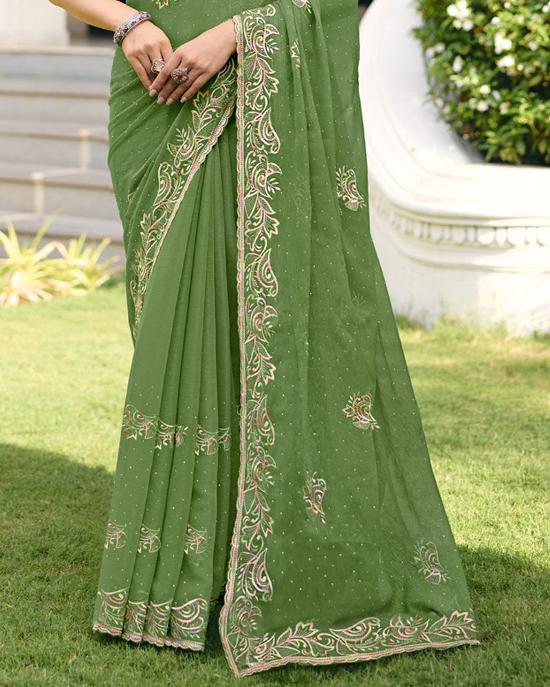 Light Mehandi Green Designer Shimmer Chiffon Saree With Embroidery-Diamond Work And Cut Work Border