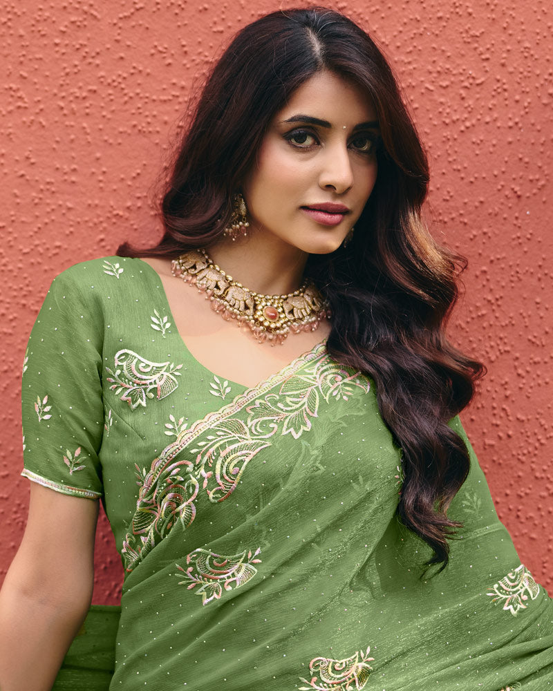 Light Mehandi Green Designer Shimmer Chiffon Saree With Embroidery-Diamond Work And Cut Work Border