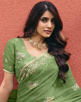 Light Mehandi Green Designer Shimmer Chiffon Saree With Embroidery-Diamond Work And Cut Work Border