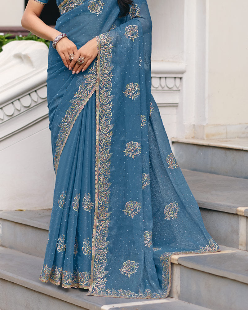 Kashmir Blue Designer Shimmer Chiffon Saree With Embroidery-Diamond Work And Cut Work Border
