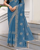 Kashmir Blue Designer Shimmer Chiffon Saree With Embroidery-Diamond Work And Cut Work Border