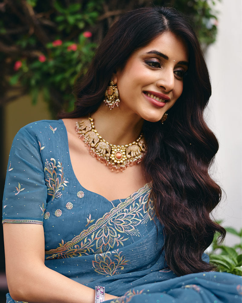 Kashmir Blue Designer Shimmer Chiffon Saree With Embroidery-Diamond Work And Cut Work Border