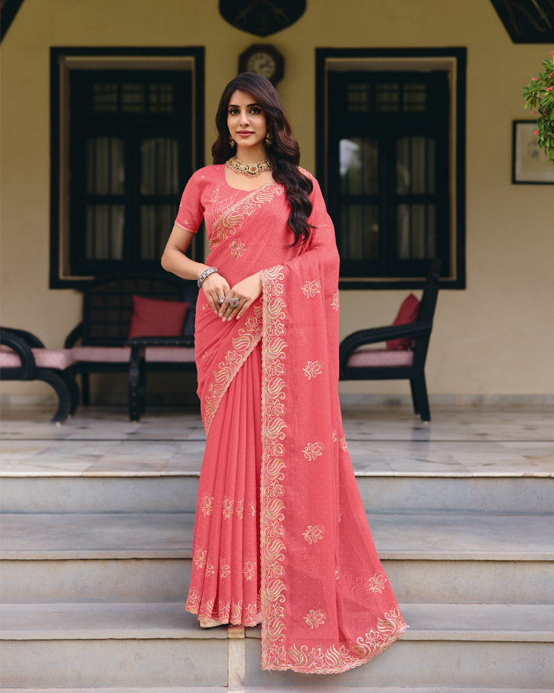 Dusty Rose Pink Designer Shimmer Chiffon Saree With Embroidery-Diamond Work And Cut Work Border