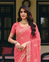 Dusty Rose Pink Designer Shimmer Chiffon Saree With Embroidery-Diamond Work And Cut Work Border
