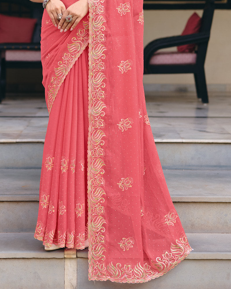 Dusty Rose Pink Designer Shimmer Chiffon Saree With Embroidery-Diamond Work And Cut Work Border
