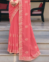 Dusty Rose Pink Designer Shimmer Chiffon Saree With Embroidery-Diamond Work And Cut Work Border