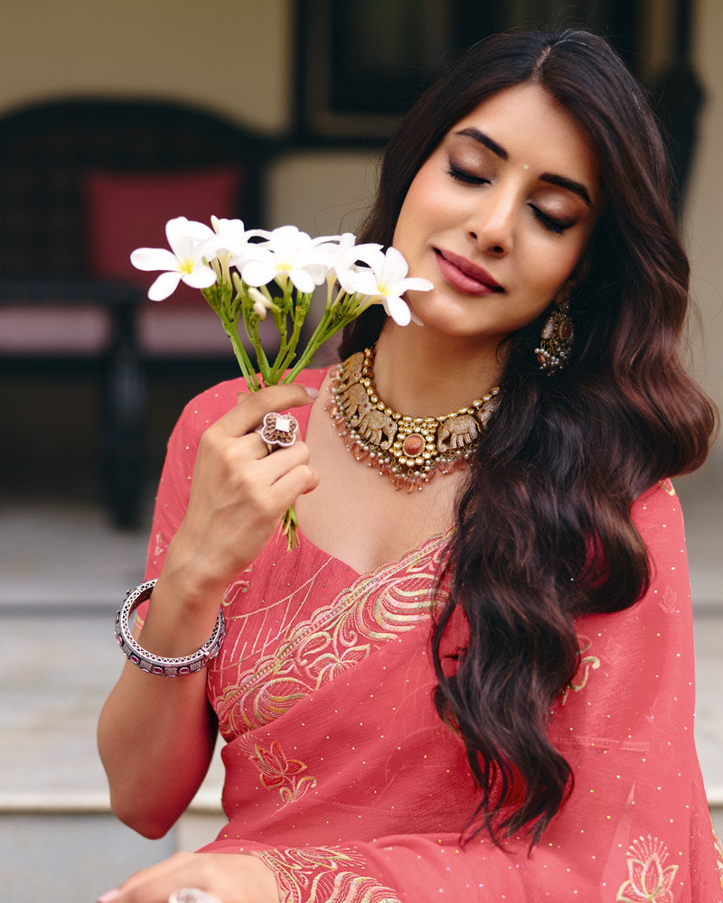 Dusty Rose Pink Designer Shimmer Chiffon Saree With Embroidery-Diamond Work And Cut Work Border