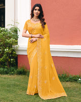 Tulip Yellow Designer Shimmer Chiffon Saree With Embroidery-Diamond Work And Cut Work Border