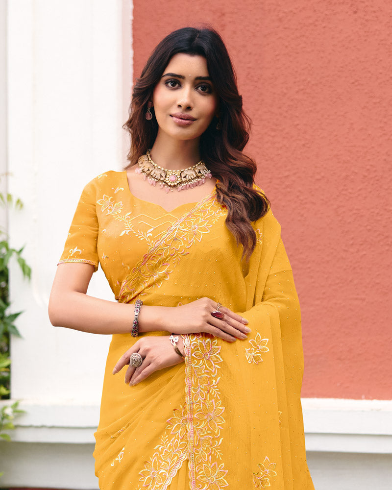 Tulip Yellow Designer Shimmer Chiffon Saree With Embroidery-Diamond Work And Cut Work Border