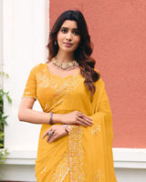 Tulip Yellow Designer Shimmer Chiffon Saree With Embroidery-Diamond Work And Cut Work Border