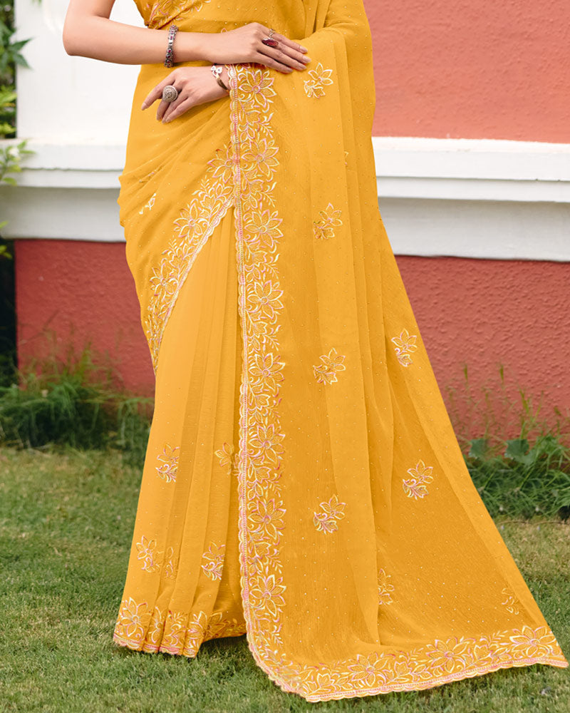Tulip Yellow Designer Shimmer Chiffon Saree With Embroidery-Diamond Work And Cut Work Border