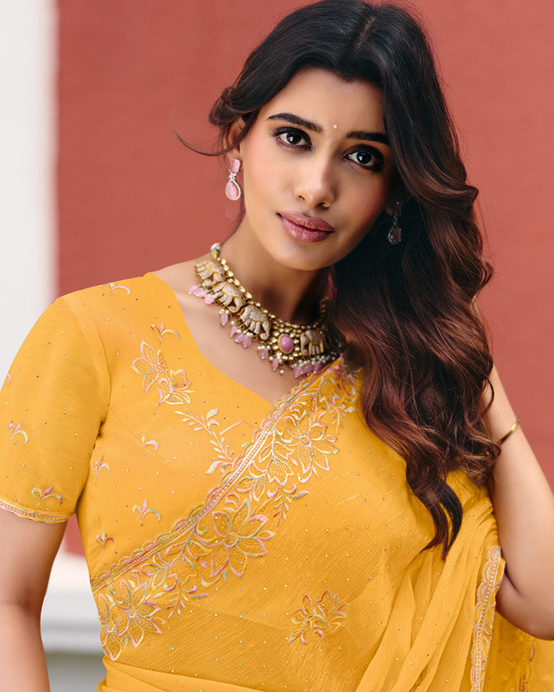 Tulip Yellow Designer Shimmer Chiffon Saree With Embroidery-Diamond Work And Cut Work Border