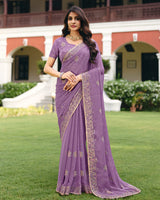 Dusty Purple Designer Shimmer Chiffon Saree With Embroidery-Diamond Work And Cut Work Border