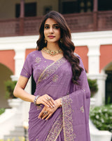 Dusty Purple Designer Shimmer Chiffon Saree With Embroidery-Diamond Work And Cut Work Border