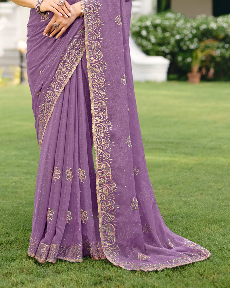 Dusty Purple Designer Shimmer Chiffon Saree With Embroidery-Diamond Work And Cut Work Border
