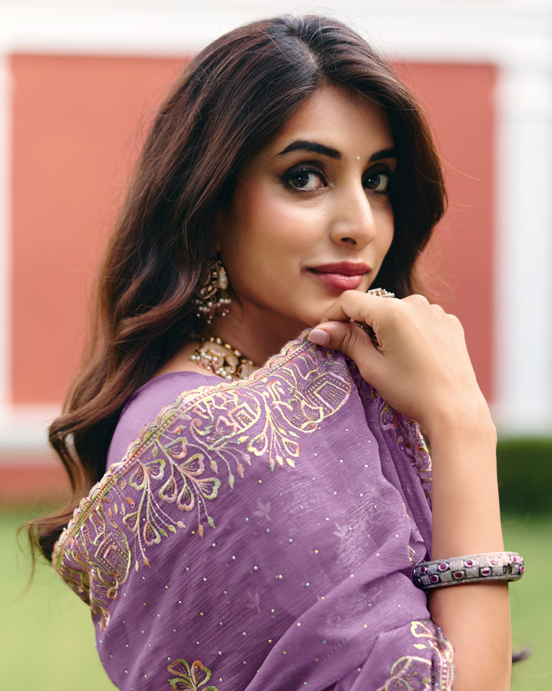 Dusty Purple Designer Shimmer Chiffon Saree With Embroidery-Diamond Work And Cut Work Border