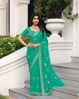 Sea Green Designer Shimmer Chiffon Saree With Embroidery-Diamond Work And Cut Work Border