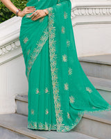 Sea Green Designer Shimmer Chiffon Saree With Embroidery-Diamond Work And Cut Work Border