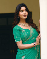 Sea Green Designer Shimmer Chiffon Saree With Embroidery-Diamond Work And Cut Work Border