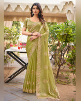 Light Olive Yellow Designer Fancy Chiffon Saree With Multi-Embroidery-Diamond Work And Cut Work Border