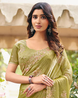 Light Olive Yellow Designer Fancy Chiffon Saree With Multi-Embroidery-Diamond Work And Cut Work Border