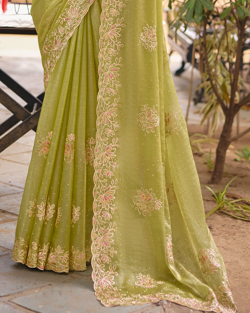 Light Olive Yellow Designer Fancy Chiffon Saree With Multi-Embroidery-Diamond Work And Cut Work Border