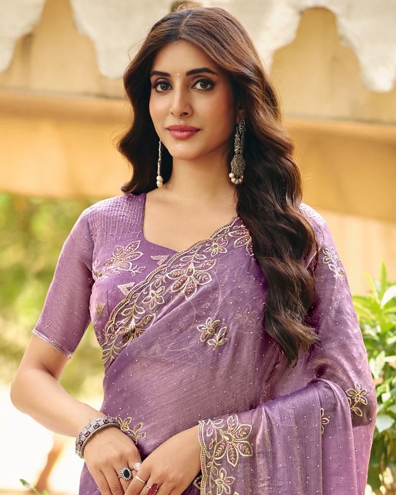 Dusty Lavender Designer Fancy Chiffon Saree With Multi-Embroidery-Diamond Work And Cut Work Border